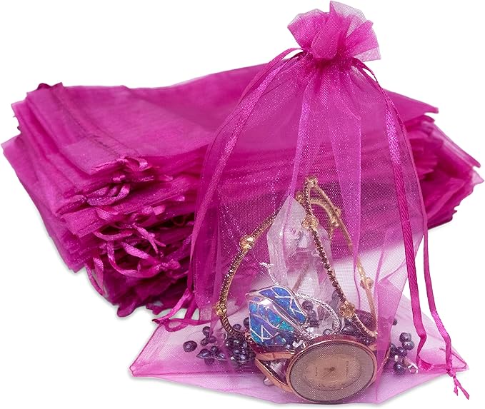 TheDisplayGuys 100-Pack 6x8 Hot Pink Sheer Organza Gift Bags with Drawstring, Jewelry Candy Treat Wedding Party Favors Mesh Pouch