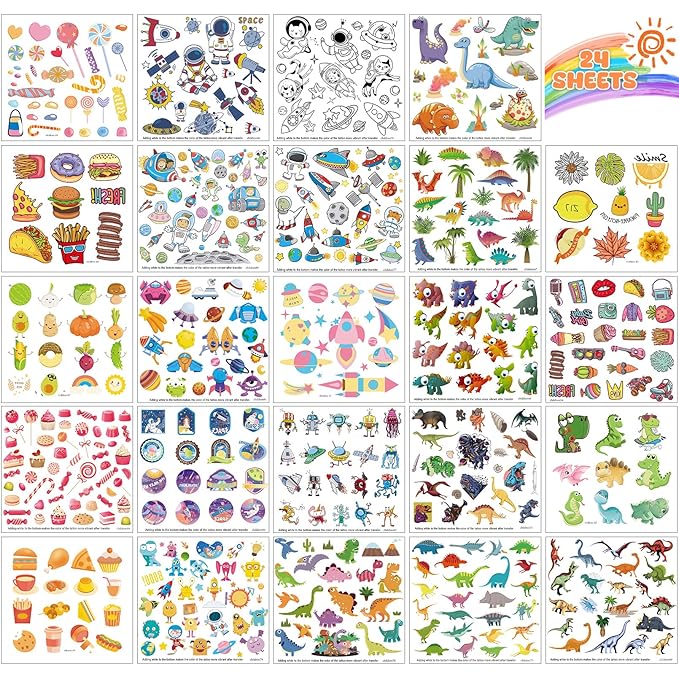 Aresvns Cute Temporary Tattoos for kids Waterproof Tattoo Stickers for Girls and Boys with Dinosaurs, Food, Candy, Astronauts Space Theme Party Favors