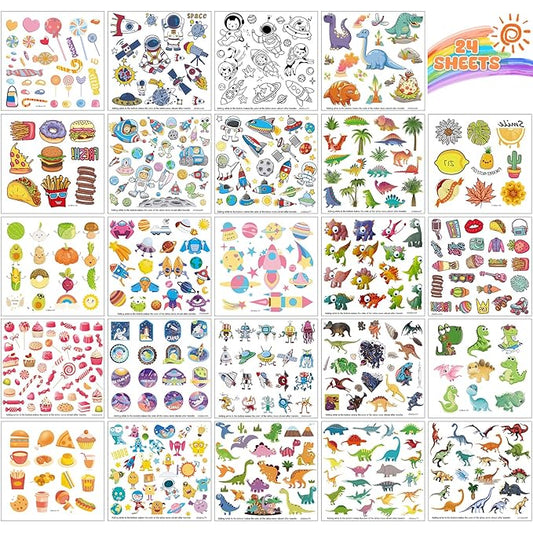 Aresvns Cute Temporary Tattoos for kids Waterproof Tattoo Stickers for Girls and Boys with Dinosaurs, Food, Candy, Astronauts Space Theme Party Favors