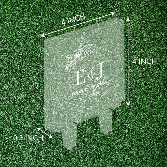 Andaz Press Tropical Geometric Floral Hexagon Custom Wedding Cake Topper, Acrylic Square Personalized Couple Cake Topper