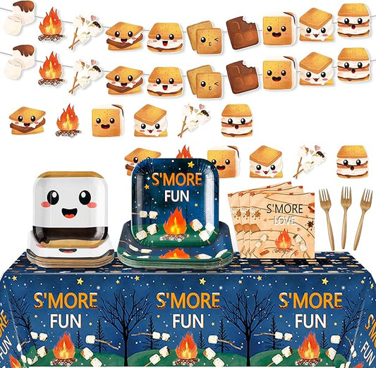 S’Mores Camping Party Decoration - Serves 24 - 112Pcs - S’More Love Fun Party Supplies, Campfire Disposable Plate Napkin Forks Tablecloth Banner Card, for Kid Camper Birthday Baby Shower
