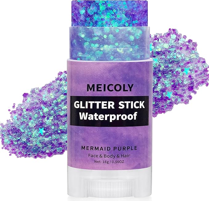 MEICOLY Purple Hair Glitter Stick,Halloween Mermaid Face Glitter Stick,for Kids and Women Costume,Sparkle Chunky Glitter Makeup,Waterproof Body Glitter for Party Rave Festival