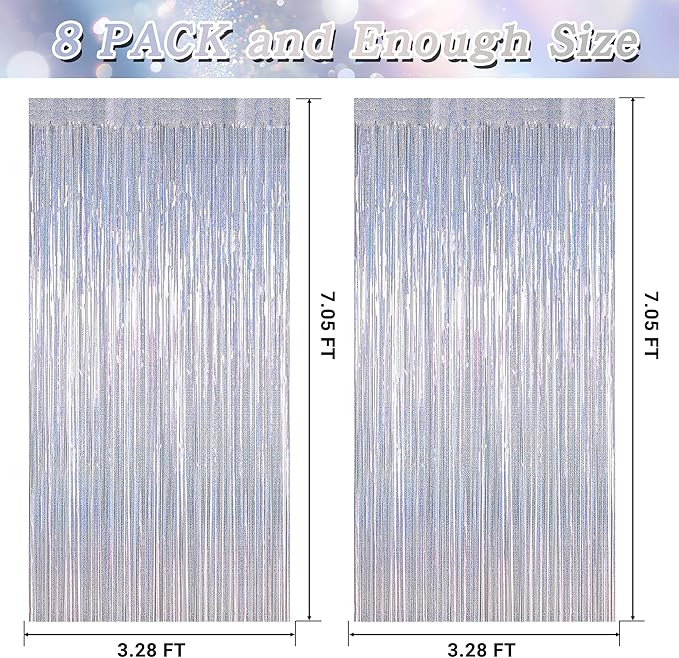 8 Pack Fringe Backdrop, 3.28 FT x 7.05 FT Glitter Silver Fringe Tinsel, Metallic Foil Curtains Disco Photo Backdrop Foil Streamer, Silver Party Decorations Disco Decor Engagement Party Supplies