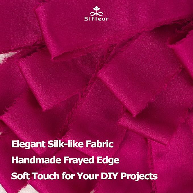 Satin Silk Ribbon, Hot Pink Ribbon for Wrapping, 1-1/2 inch x 15 Yd Handmade Frayed Fringe Ribbons, for Valentine's Day, Wedding Engagement Anniversary Shower Bouquets Invitation, 3 Rolls