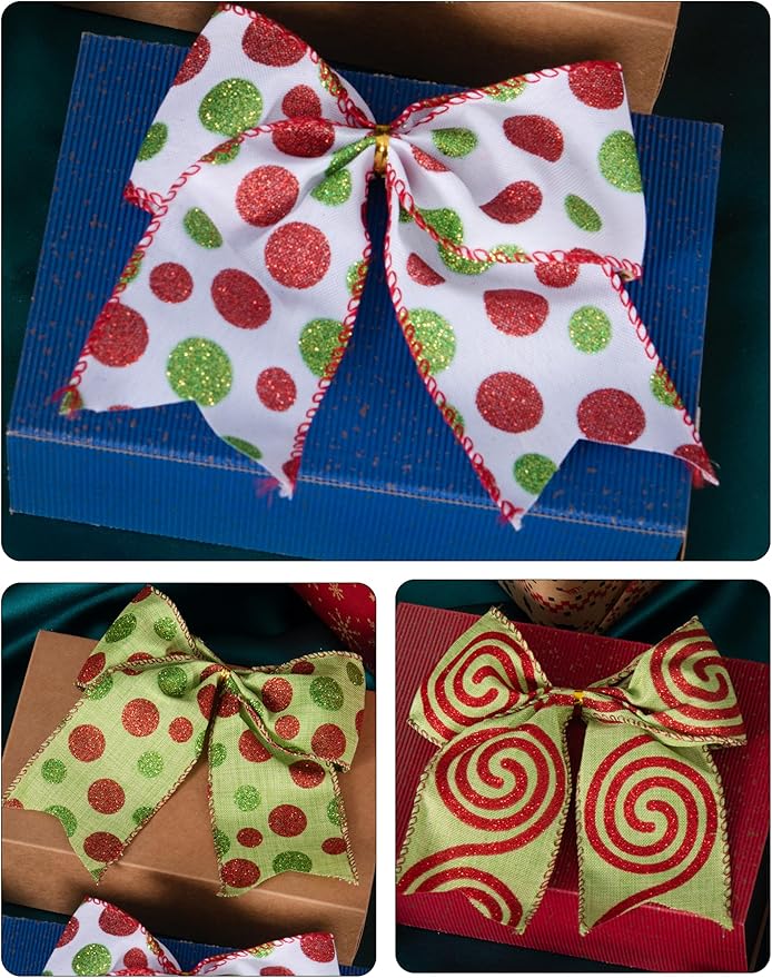 SIMISI RIBBON Christmas Tree Bows Wreaths Graland Xmas Party Decorations Red Green Polka Dot Ornaments (6 * 6 Inches, 12 Pcs)