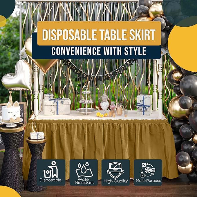 Exquisite Ruffle Table Skirt Gold 2 Pack 14 Ft Long Table Skirts for Rectangle Tables 6ft Plus or Round Tables Skirts with Adhesive Strip for Gender Reveal Decor & Happy Birthday Parties