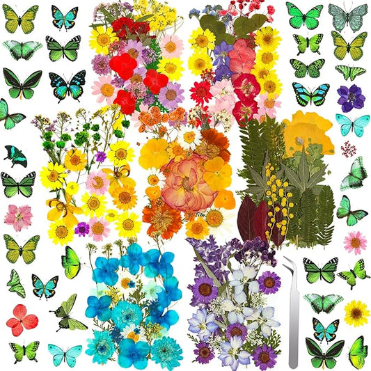 231 PCS Pressed Flowers Bulk for Resin Crafts, Dried Pressed Flowers Butterfly Stickers with Tweezers Real Natural Dry Wildflowers for Resin Molds DIY Art Candle Phone Cases Bookmark Jewelry Making