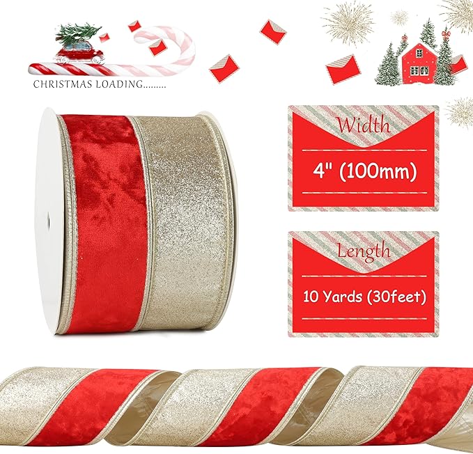 Red Velvet Wired Christmas Ribbon 4 Inch Extra Wide Thick Red and Gold Glitter Holiday Ribbon – 10-Yards Roll for Tree Decorations, Gift Wrapping, Wreaths, and DIY Crafts