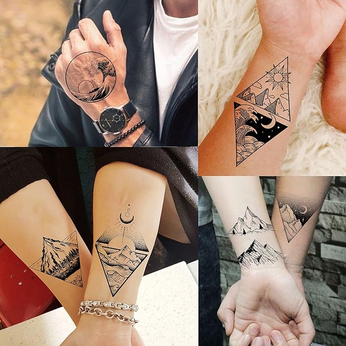 52 Sheets Small Black Mountain Temporary Tattoos For Men Women Adult, Geometric Sea Weave Forest Pine Tree Realistic Tattoo Sticker For Kids Children, Moon Sun Star Triangle Tatoos Outer Space