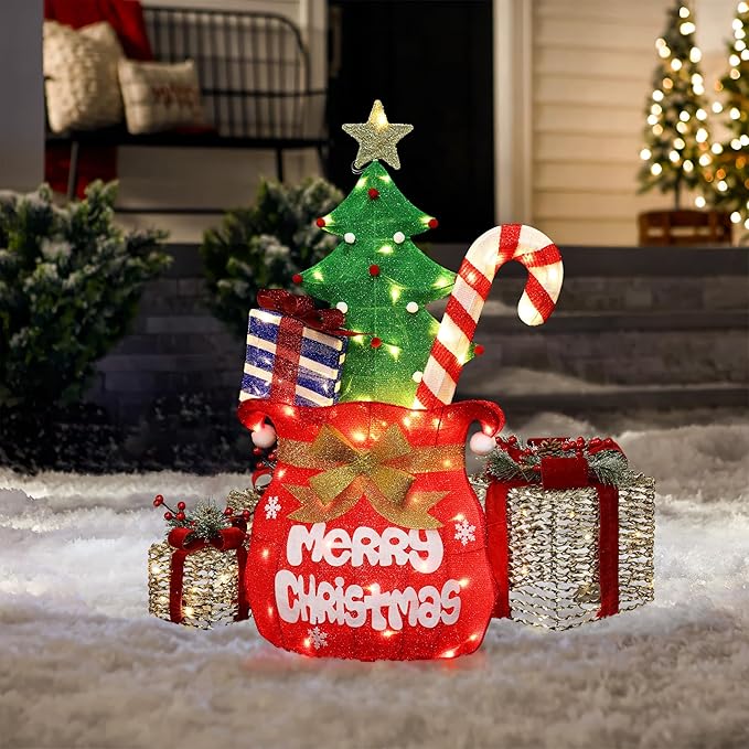 LuxenHome 3.5FT Lighted Christmas Outdoor Decorations, Colorful Santa's Gift Bag Indoor & Outdoor Holiday Yard Decor with 60 LED Lights, Plug-in Xmas Ornament for Holiday, Porch, Lawn, Garden Display