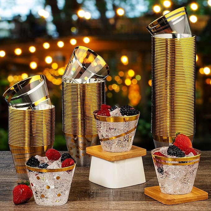 Perfect Settings 110 Gold Swirl Clear Plastic Cups 9 Ounce - Holiday Wedding Party Elegant Trimmed Disposable Cups - Fancy Wedding Cups