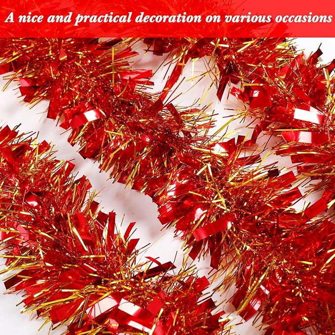 Dilunave 40 Feet Christmas Tinsel Garland Metallic Foil Twist Tinsel Garland Decoration for Christmas Tree, Wedding, Birthday and Party Hanging Decorations(Gold, Red)