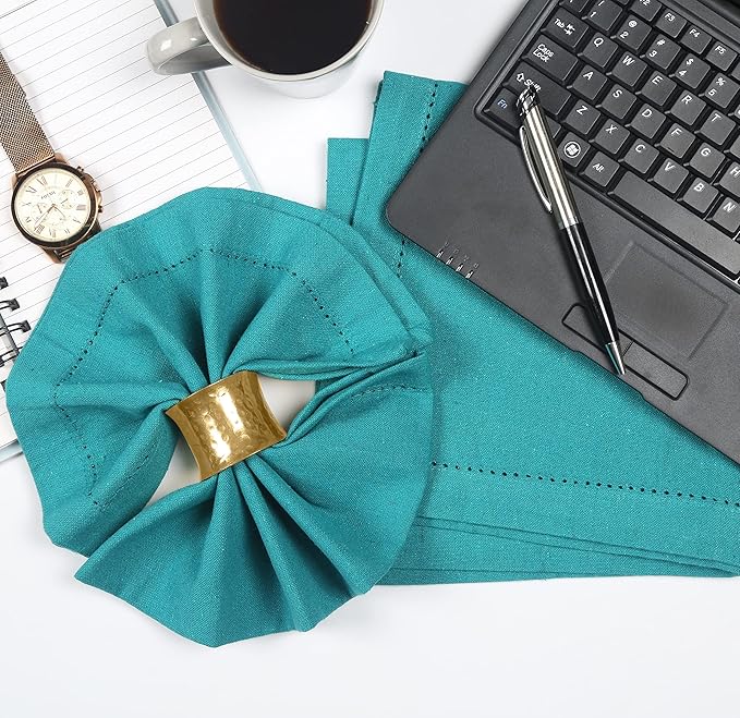 LFH Home Hemstitched Cloth Dinner Napkins 18x18 Inch Set of 12 - Reusable 100% Cotton Machine Washable Cocktail Napkins with Metered Corners for Daily, Party, Wedding, Bar Use - Teal