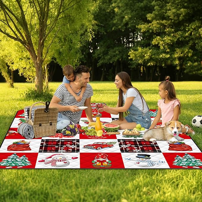 Poedist Extra Large Picnic Blanket Waterproof,80"x 80"Foldable Machine Washable Beach Blanket,Outdoor Blanket for 6-8 Adults,Suitable for Crawling,Park Beach,Camping,Hiking,Family,Merry Christmas