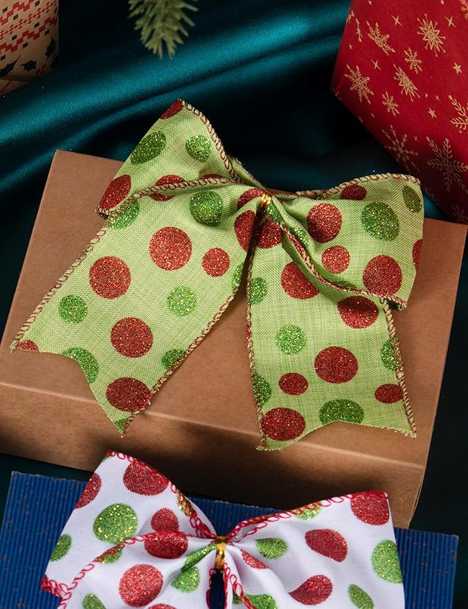 SIMISI RIBBON Christmas Tree Bows Wreaths Graland Xmas Party Decorations Red Green Polka Dot Ornaments (6 * 6 Inches, 12 Pcs)