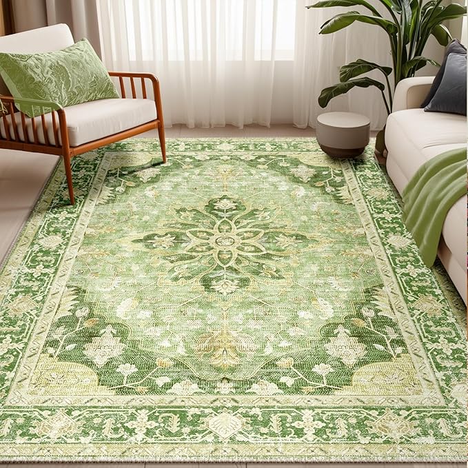 Area Rugs 5'x7' Washable Non-Slip, Floral Vintage Distress Print Pattern Medallion Carpet for Living Room Bedroom Dining Room, Sage Green Yellow