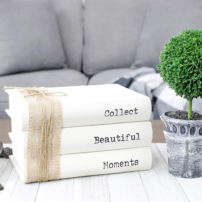 AuldHome Design Faux Book Stack: Collect Beautiful Moments Decorative Book Set w/Burlap Ribbon Wrap
