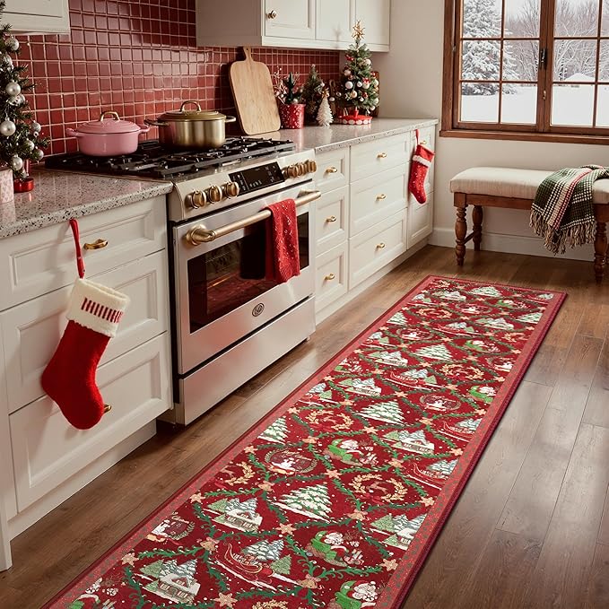 Christmas Runner Rug 2x6 Washable Rug for Hallway Kitchen Bedroom, Christmas Home Decor, Holiday Print Carpet, Low Pile Mat with Non Slip Backing, Crimson Christmas Tale Pattern