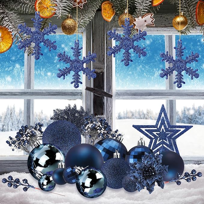 Sratte 94 Pcs Christmas Tree Decorations Set, Christmas Tree Ball Ornaments Glitter Poinsettia Flowers Decorations Glitter Berries Stems for Xmas Holiday Wedding(Navy Blue)