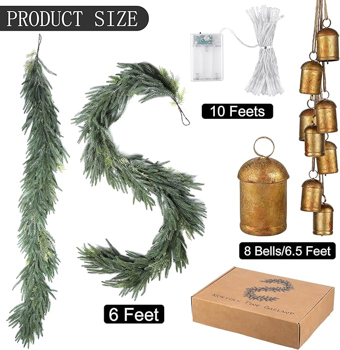 Fovths 6 Ft Christmas Garlands with Lights and Bells Real Touch Norfork Cedar Pine Garland Artificial Greenery Garlands for Christmas Mantle, Table Indoor Outdoor Decorations, Green and White