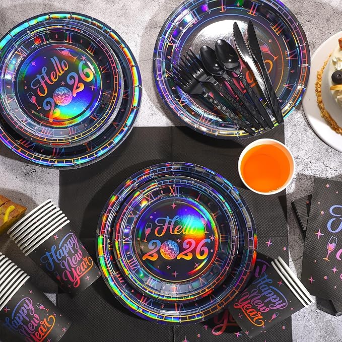 175 Pieces 2026 Happy New Year Iridescent Paper Plates Party Supplies Decorations Eve New Year Party Tableware Set Dinnerware Paper Plates Napkins Cups Cutlery Supplies, Serve for 25 Guest