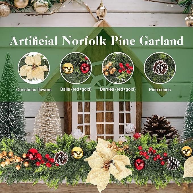 6FT Christmas Cedar Garland for Mantle, 1PCS Realistic Christmas Pine Garland with Flowers Berries Pinecones Balls, Artificial Real Touch Soft Cedar Garlands for Winter Indoor Outdoor Xmas Decoration