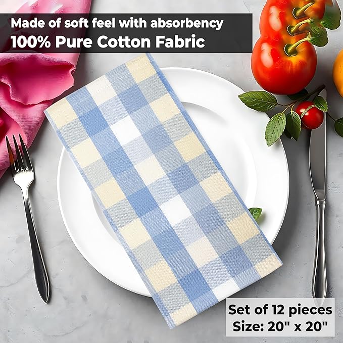 Urban Villa Cloth Napkins 100% Cotton Dinner Napkins Highly Absorbent 20x20 Inches (Set of 12) Blue Sand Buffalo Checks Reusable Washable Soft Durable Premium Quality Ideal for Home Wedding Parties