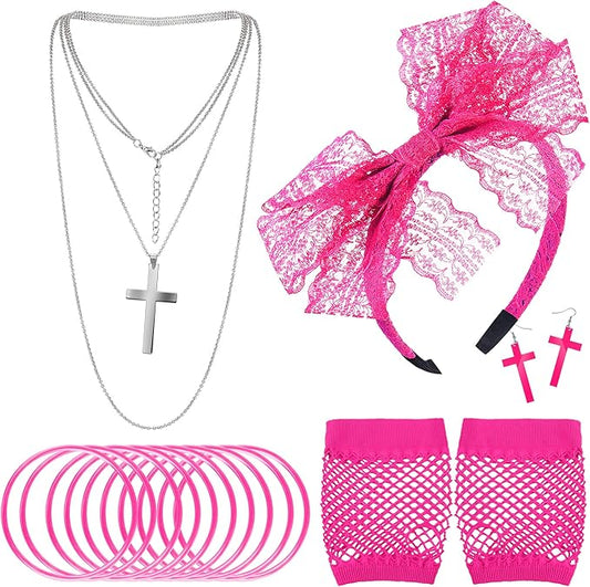 Blulu 80s Accessories for Women Dress Costume Lace Headband Earrings Fishnet Gloves Necklace Bracelet