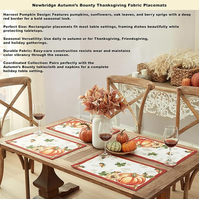 Newbridge Thanksgiving Autumns Bounty Bordered Fabric Tablecloth, 60 x 102 Inch Rectangle, Bountiful Farm Pumpkin Fall Harvest Multicolor Easy Care Table Cloth for Holiday Dining