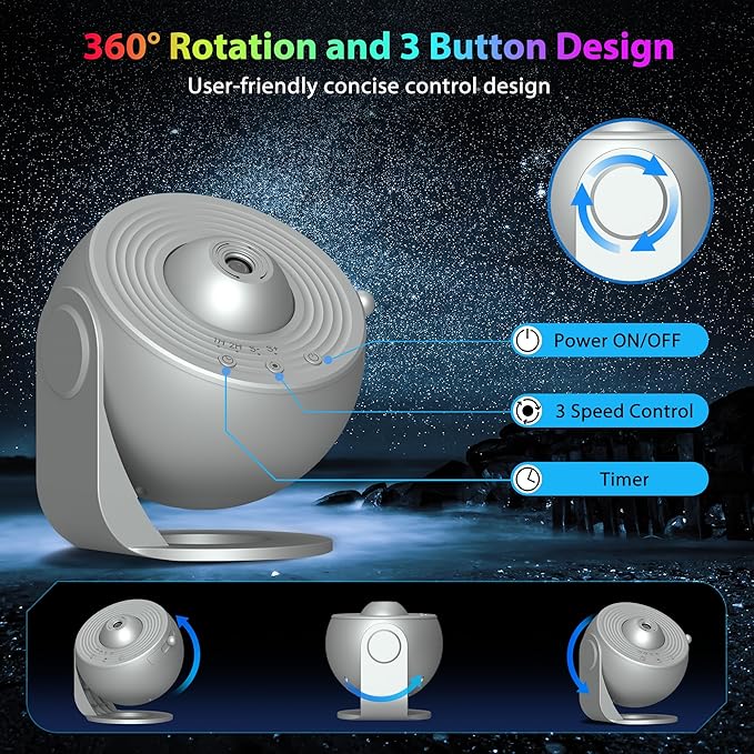 Galaxy Projector for Bedroom, HD Image Star Projector Galaxy Light Adjustable Knob, 13 Film Discs Planetarium Projector for Kids, 360° Rotating 1/2h Timer Simple 3-Button Control