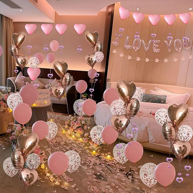 Valentine's Day Decorations 2 Set Rose Gold I LOVE YOU Balloons - 1200pcs Pink Artificial Rose Petals 16" Letter Balloons 18" Heart Foil Latex balloons 10 heart balloons Hanging Swirls Heart Banner