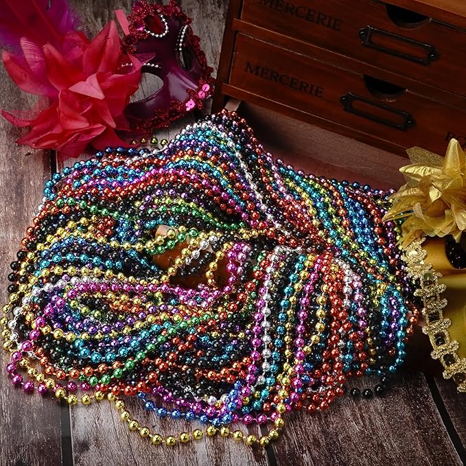 SHAOQINLIN 24 PCS Mardi Gras Beads Necklaces, 12 Colors 33 Inch 6 mm Metallic Bead Necklaces Bulk Party Beads Necklace Round Beaded Necklaces for Mardi Gras, Christmas, Carnival Party Favor