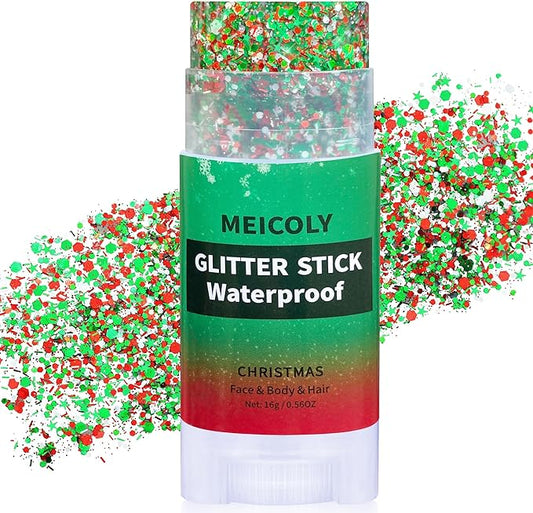 MEICOLY Red and Green Face Body Glitter Stick for Christmas,Sparkle Christmas Hair Glitter Makeup,Stocking Stuffers for Women and Kids,Chunky Face Glitter for Party Rave Festival