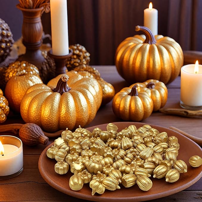 100Pcs Mini Pumpkins for Crafts, Small Pumpkin in Bulk, Gold Decorative Pumpkins, Artificial Tiny Resin Miniature Pumpkin for Decorating, Home Decor, Fall, Thanksgiving, Halloween