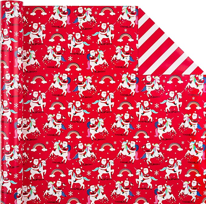 WRAPAHOLIC 30 Inch Jumbo Reversible Unicorn Christmas Wrapping Paper - 30 Inch x 33 Feet - Red Santa Claus, Unicorn Wrapping Paper and Stripe Design for Holiday, Party Celebration