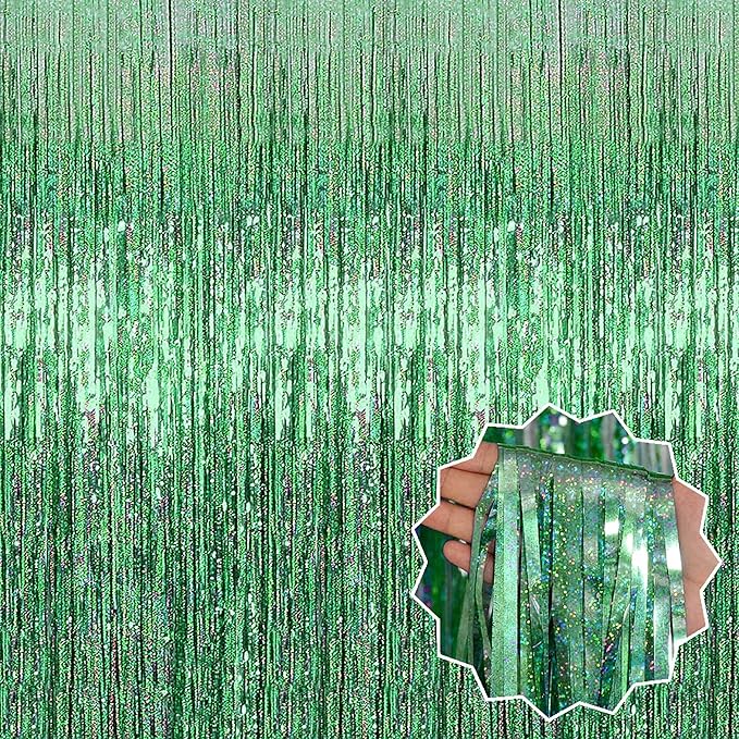 6 Pack Light Green Foil Fringe Curtains Backdrop, 3.28 x 8.2 Ft Metallic Streamers Tinsel Curtains Background for Photo Booth, Birthday, Christmas, Halloween, Thanksgiving, New Year Party Decorations