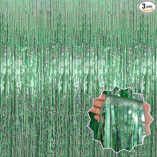 3 Pack Light Green Foil Fringe Curtains Backdrop, 3.28 x 8.2 Ft Metallic Streamers Tinsel Curtains Background for Photo Booth, Birthday, Christmas, Halloween, Thanksgiving, New Year Party Decorations