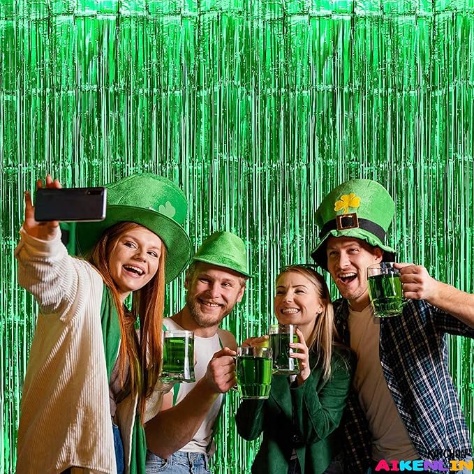 4 Pack 3.2Ft x 9.8Ft Green Foil Fringe Curtain Backdrop, Metallic Tinsel Foil Fringe Streamers Curtains for Party, Photo Booth Props, Birthday, Wedding, Christmas Party Decoration Supplies