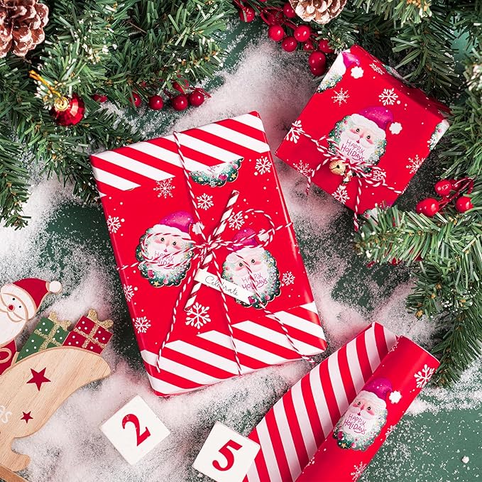 WRAPAHOLIC Reversible Christmas Wrapping Paper - Mini Roll - 17 Inch x 33 Feet - Red Santa Claus and Stripes Design for Christmas, Holiday, Party Celebration