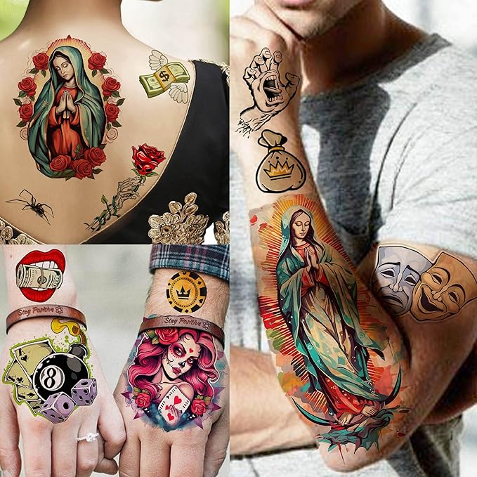 6 Sheets 3D Mexico Chicano Temporary Tattoos For Women Men Adults, Watercolor Guadalupe Tattoo Sticker, Prison Gangster Cholo Joker Chicana Halloween Tattoos Face, Tatuajes Temporales Autocolante