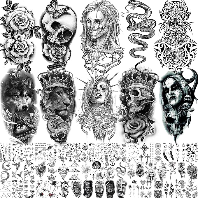 62 Sheets Large Wolf Lion Skeleton Temporary Tattoos For Men Women Arm, 3D Temp Bulk Halloween Accessory Realistic Tattoo Sticker For Adults Neck, Scary Skull Zombie Vampire Fake Tattoos Cobra Snake