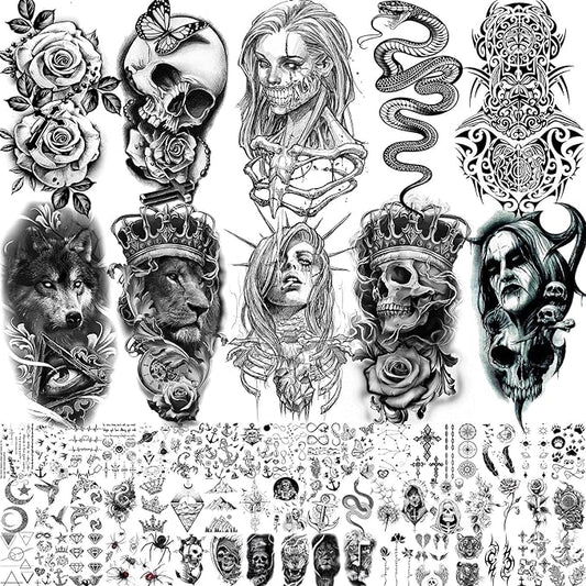 62 Sheets Large Wolf Lion Skeleton Temporary Tattoos For Men Women Arm, 3D Temp Bulk Halloween Accessory Realistic Tattoo Sticker For Adults Neck, Scary Skull Zombie Vampire Fake Tattoos Cobra Snake