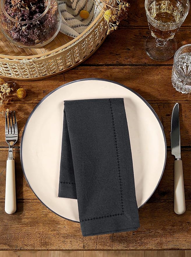 Palisa Cloth Dinner Napkins with Hemstitched Detailing & Mitered Corners Set of 4 (18x18 Inches) Charcoal - Cotton Reusable Dinner Napkins - Perfect for Weddings & Everyday Use