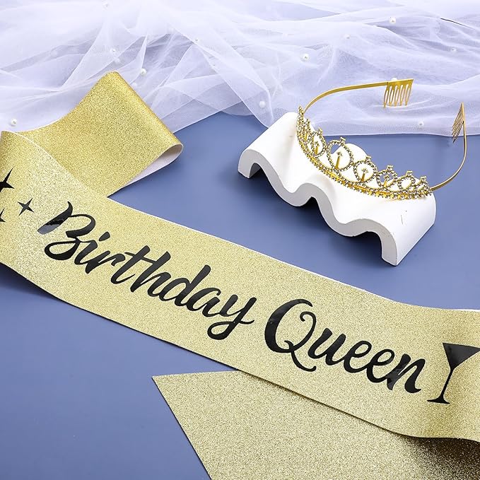 Elegant 2Piece Gold Crown and Ribbon Set, Deluxe Birthday Tiara for Women with Sash, Princess Party Accessories for Birthday Celebration, Halloween Cos-play Costume,Christmas