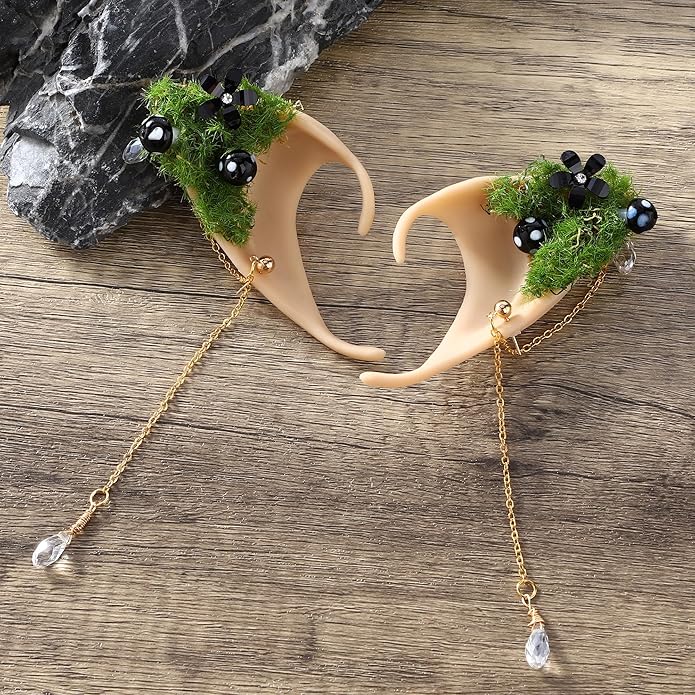 FRESHME Forest Mushroom Elf Ears, Soft Fairy Ears with Mushroom Moss and Flower Elven Ear Cuffs Halloween Renaissance Cosplay