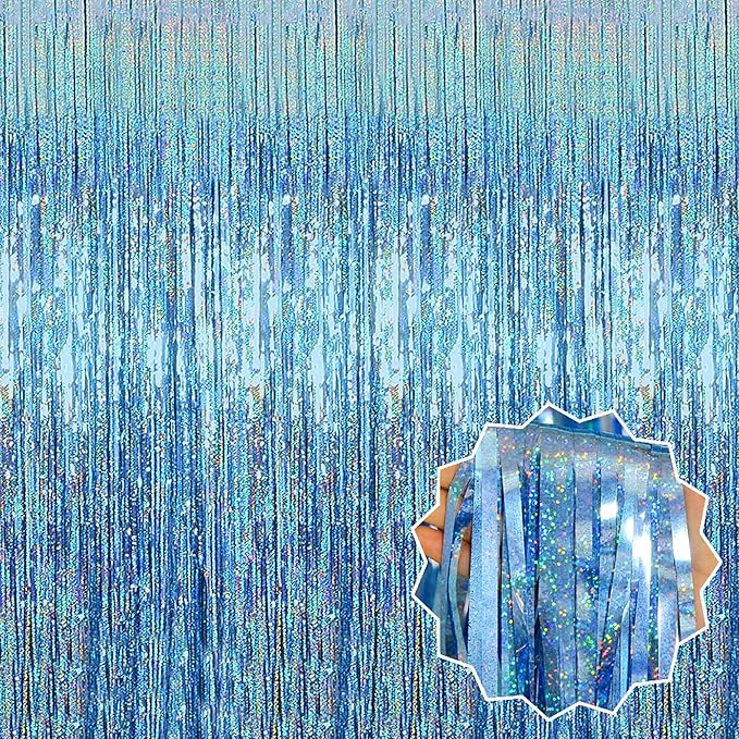 3 Pack Light Blue Foil Fringe Curtains Backdrop, 3.28 x 8.2 Ft Metallic Streamers Tinsel Curtains Background for Photo Booth, Birthday, Christmas, Halloween, Thanksgiving, New Year Party Decorations
