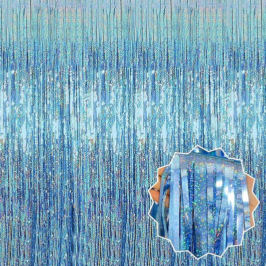 3 Pack Light Blue Foil Fringe Curtains Backdrop, 3.28 x 8.2 Ft Metallic Streamers Tinsel Curtains Background for Photo Booth, Birthday, Christmas, Halloween, Thanksgiving, New Year Party Decorations