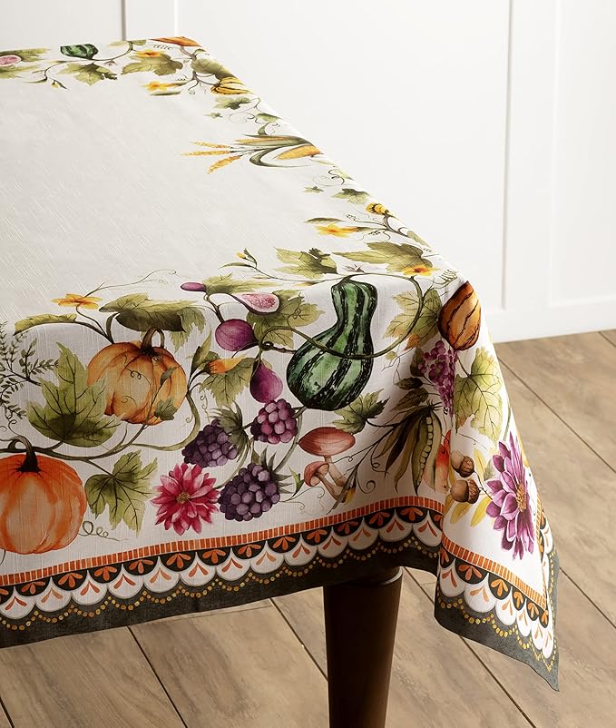 Maison d' Hermine Table Cloth Rectangle Table 100% Cotton 70 x 120 Inches Fall Tablecloth Reusable Everyday Use for Thanksgiving Christmas Decorations Dining Farmhouse (Pumpkin Garden - Cloudy Cream)