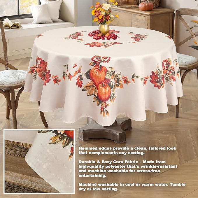 Lintex Thanksgiving Traditions Autumn Harvest Bordered Thanksgiving Tablecloth, Autumn Fall Leaves and Pumpkin Patch Border Print Easy Care Fabric Tablecloth, 70” Round