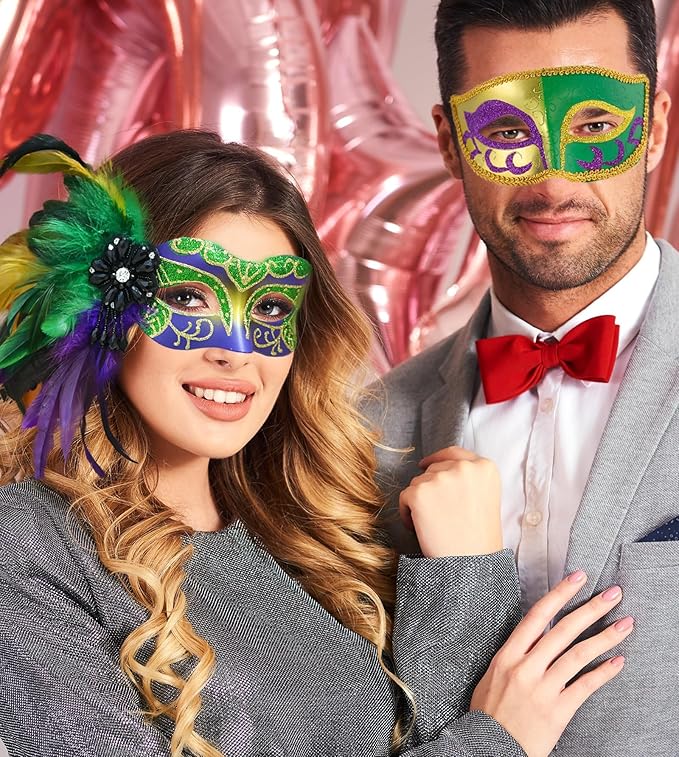 2025 New Masquerade Mask with Feather for Couples - Women's Masquerade Mask with Feather & Men Venetian Costume Mask